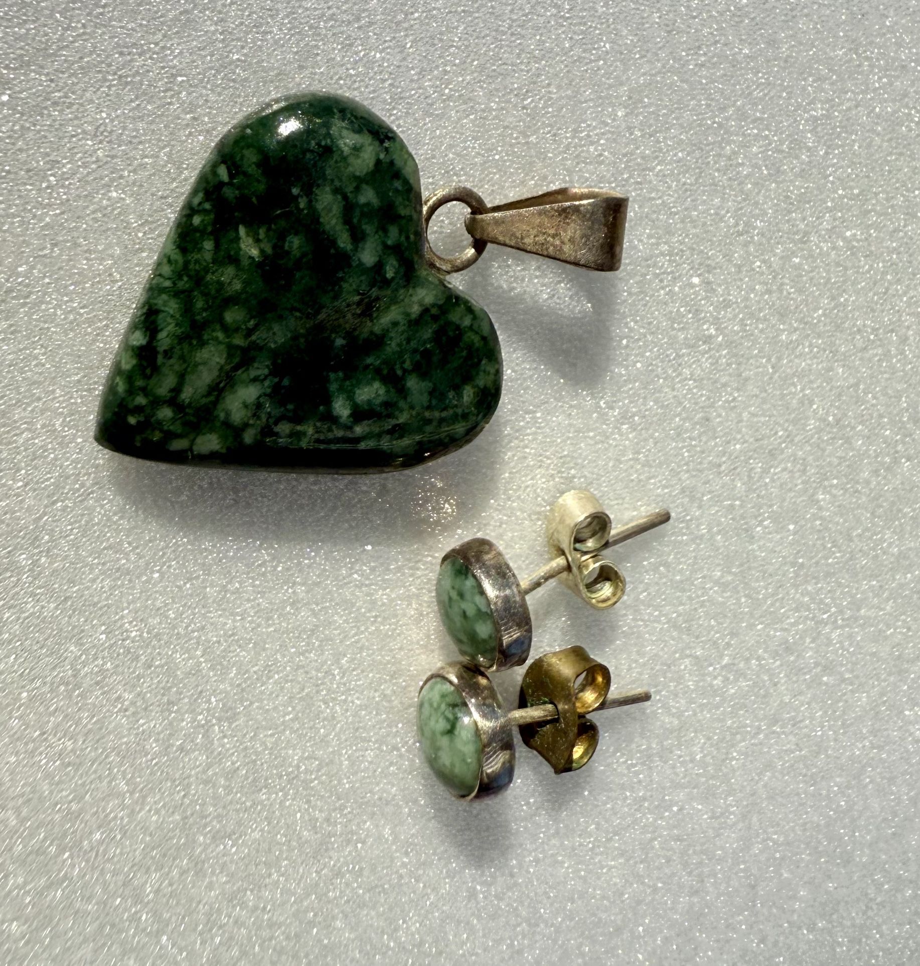 Jade heart pendant and jade pierced earring set 