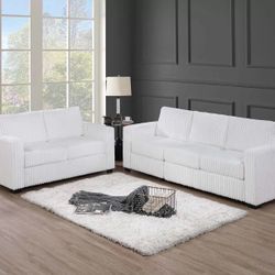 Brand New Modern White fur Like Corduroy 2 Piece Sofa Set 