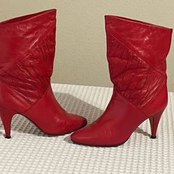 Vintage 1980’s Red Leather High Heel Boots Size 5.5 Women’s