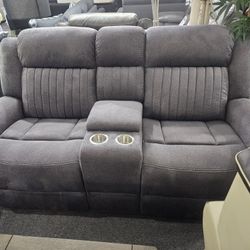 Brand New Gray Linen Manual Reclining Loveseat With Cup Holders And Center Console
