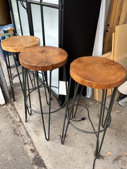 Crate and Barrel Origin Stools—3 of them—teak wood and iron base