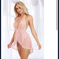 Halter Plunge Lace Teddy with Attached Flyaway Skirt