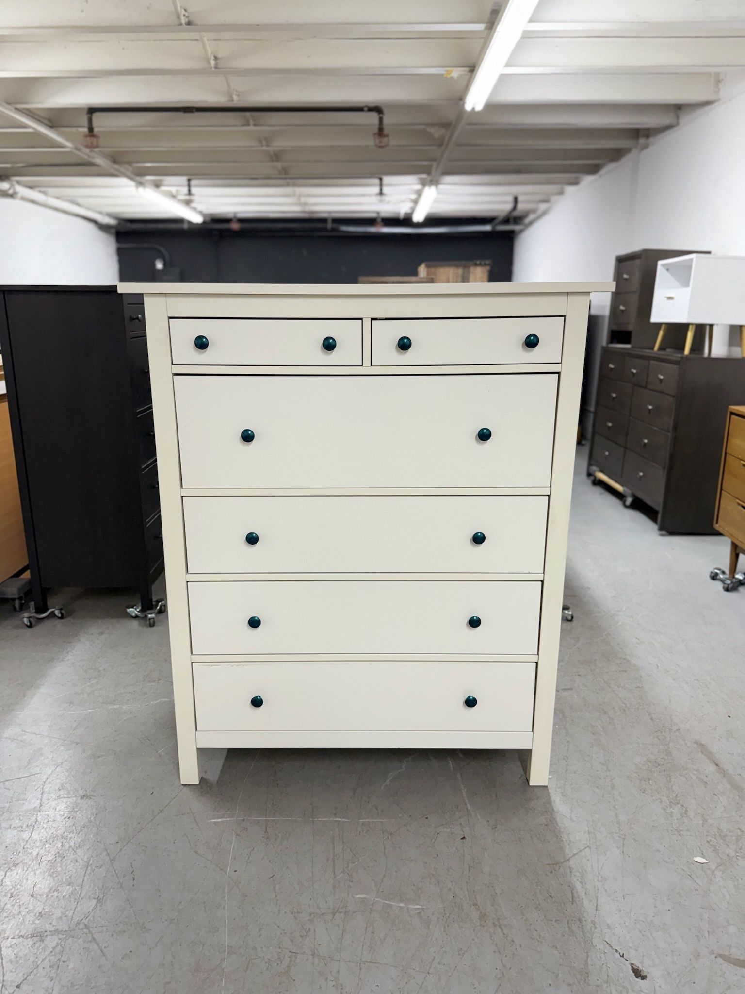 Tall White IKEA Hemnes 6 Drawer Dresser with Blue Knobs