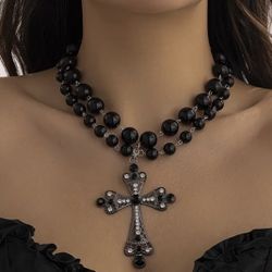 *CLOSEOUT* *SALE* Vintage Style Double Layer Black Brad Cross Hip Hop Necklace