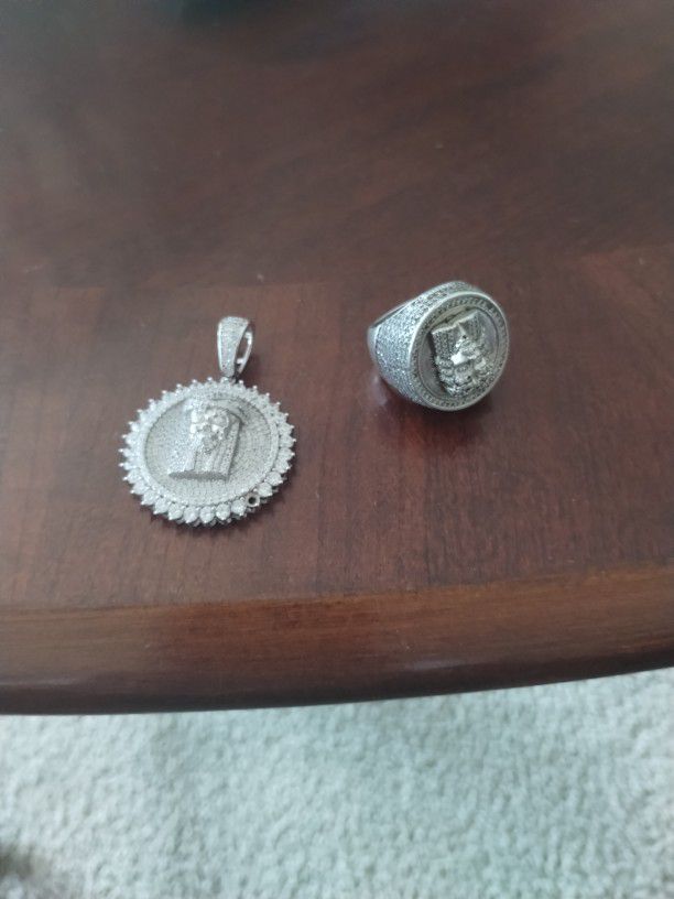 Sterling Silver Ring With Jesus Christ Face & Charm With Jesus Christ Face 