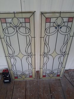 Antique Leaded GLASS WINDOW PAIR