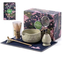 Buucup Matcha Whisk Set, Ceramic Matcha Kit Set Includes Matcha Bowl, Matcha Whisk and Holder, Bamboo Scoop, Scoop Rest, Sifter and Tea Towel - 7 Pcs 