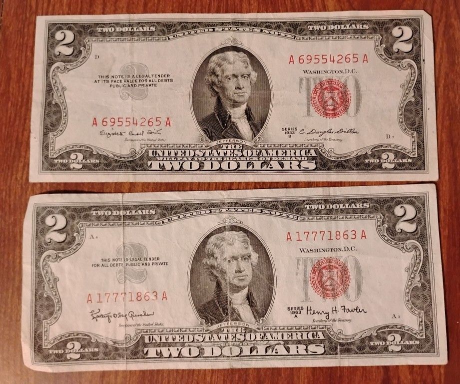 USA America Two Red Seal $2 Two Dollars Bills Banknotes Currency 