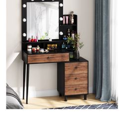 Mirror light up vanity, dark wood