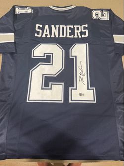 Deion Sanders Autographed Dallas (Navy Blue #21) Custom Jersey - Beckett