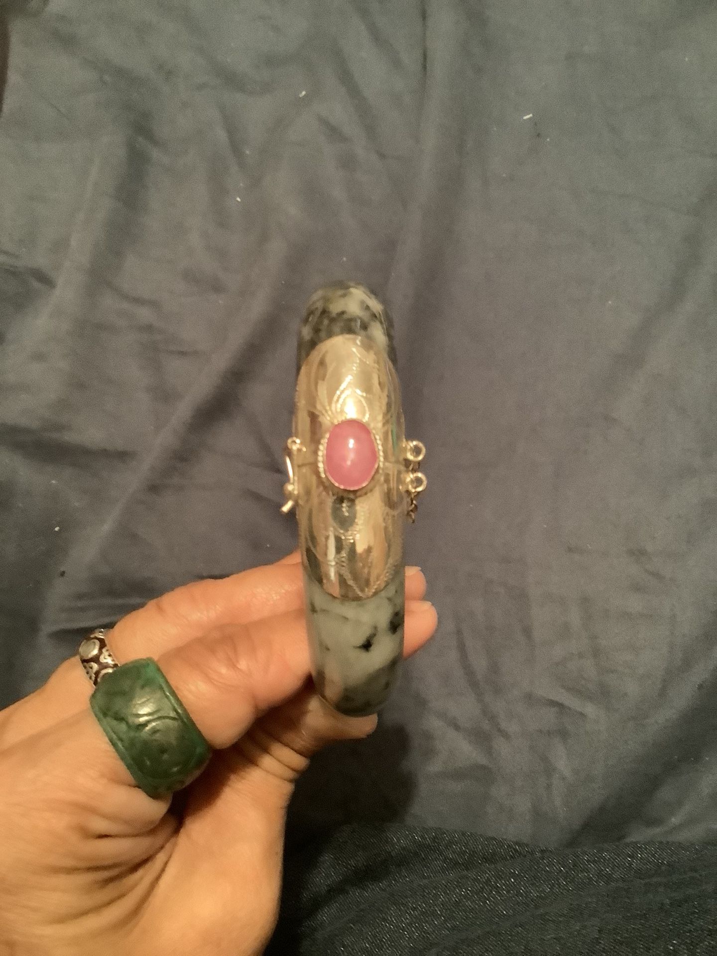 Jade Bracelet With Silver And Ruby Stone