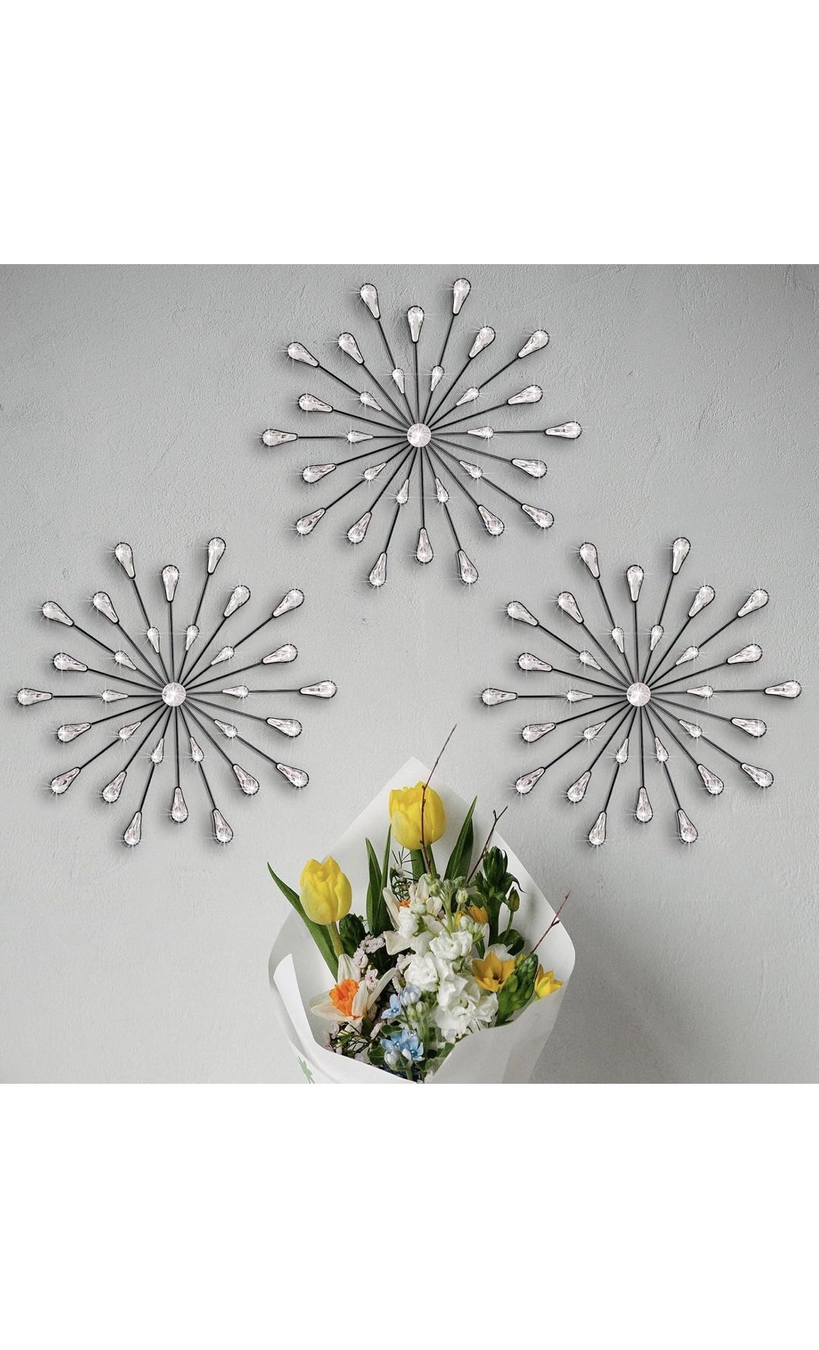ZEXUIRU 3 Set Black Metal Jeweled Wall Art Bling Crystal Home Décor Rhinestone Sun Star Wall Hanging Diamond Accents 18” diameter