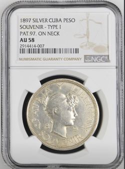 Cuba coin ,moneda ,1897 ,peso souvenir tipo 1,PAT AU58 NGC
