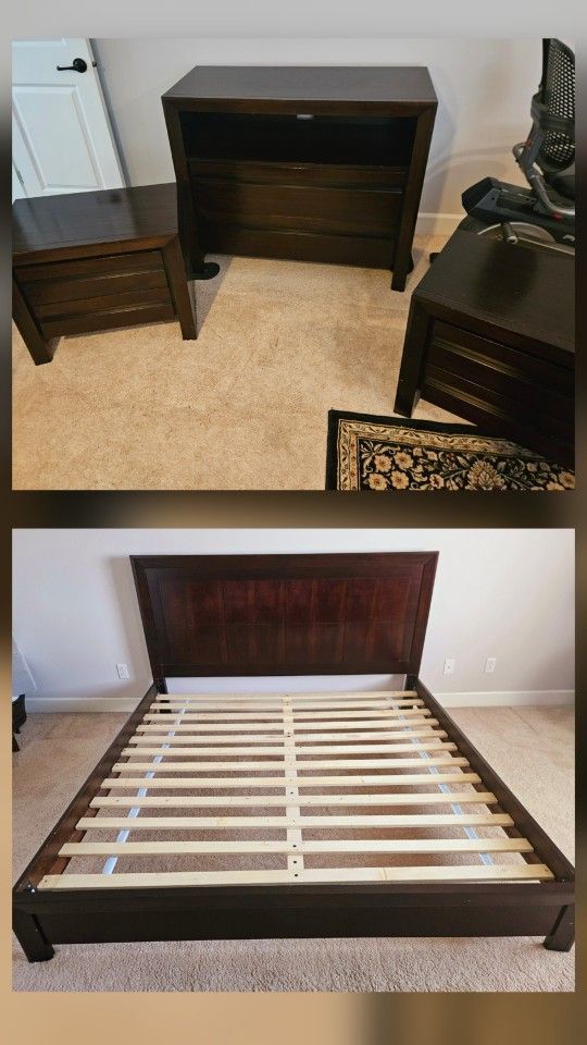 4 Piece Bedroom Set King Bed Frame 2 Nightstands & Dresser/Media Center