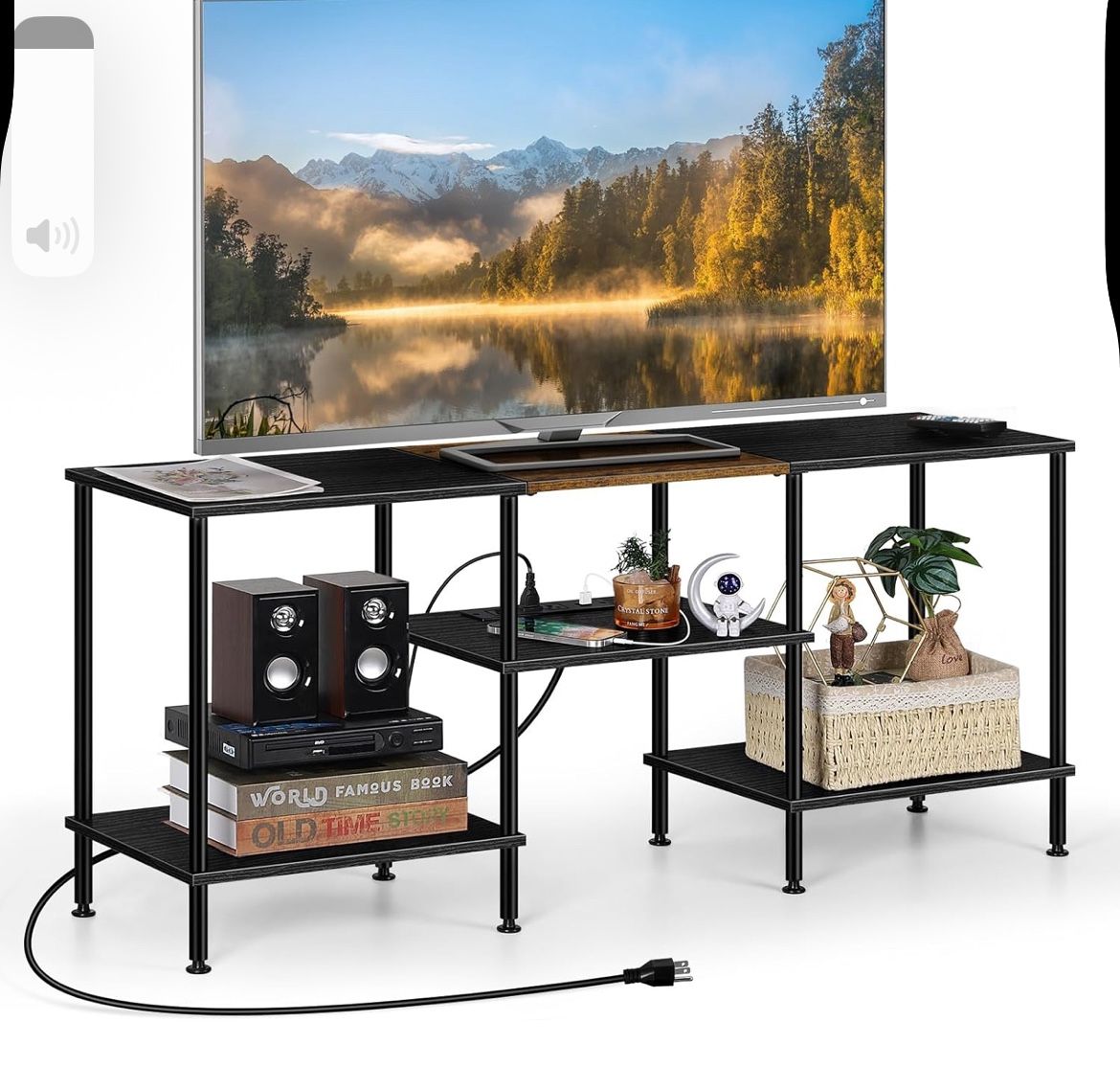 OYEAL Black Bedroom TV Stand with Storage Cabinet up to 50 inch TV, Small TV Console Table with Power Outlets
