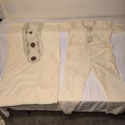 Men's Traditional Nigerian Agbada Outfit Set – Cream Embroidered Formal Attire (3-Piece)