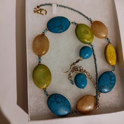 Real Stone Chunky Necklace And Earrings Set New In Box