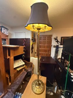 Vintage Brass Candelabra Floor Lamp with Crystal Prisms & Fabric Shade