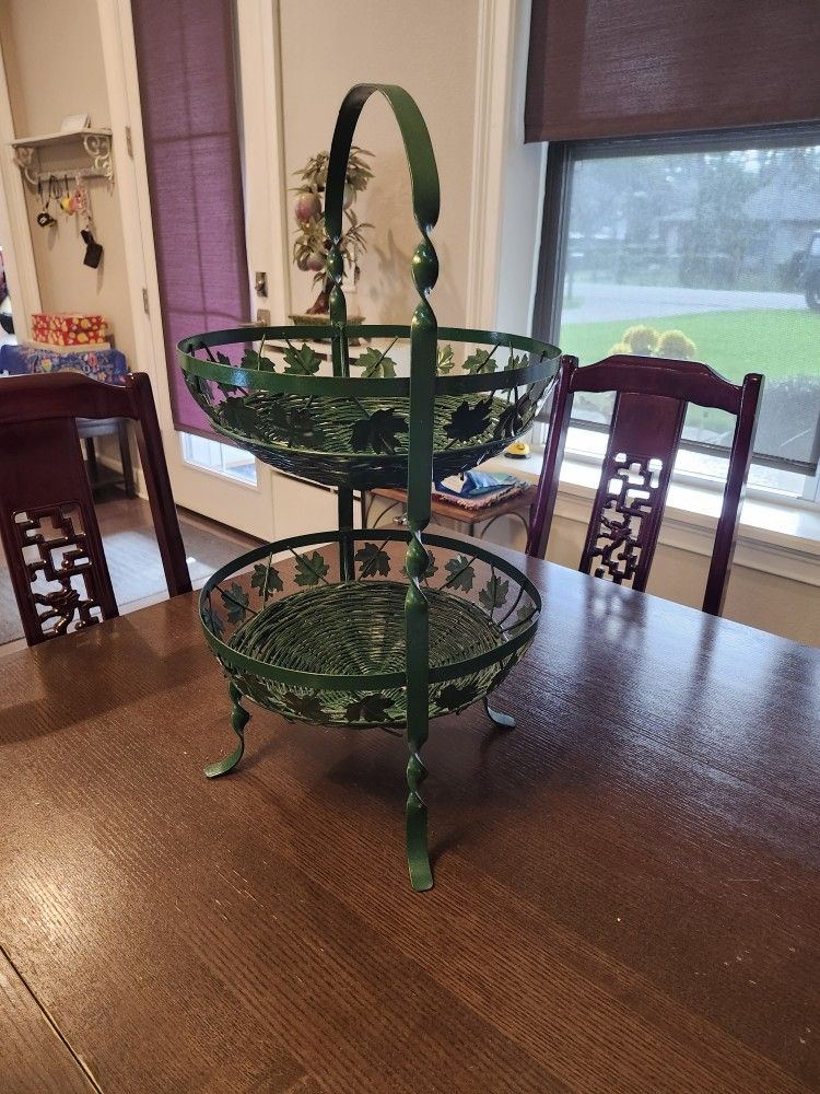 1960s Vintage Fruit Basket Two-tier Basket Tray Metal Green