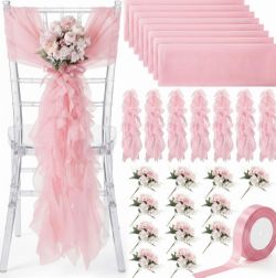 Moukeren 10 Packs Wedding Chair Sashes Aisle Decoration Church Pew Decorations For Wedding Tulle Tutu Chair Covers With Artificial Flowers Ribbon For