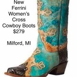 NWT - New in Box Women's Turquoise and Cross Ferrini  Diva Cowboy Boots 