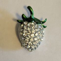 Strawberry Brooch Pin Silver Tone Rhinestones Green Leaves 1.5" H 1" W