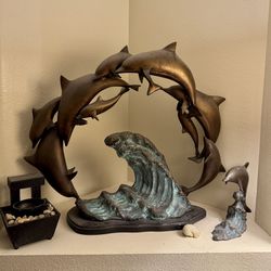 Pure Brass w/Solid wood Base Dolphin Sculpture Statute