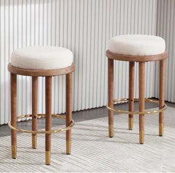 Round Upholstered Bar Stools with Gold Footrest – Set of 2