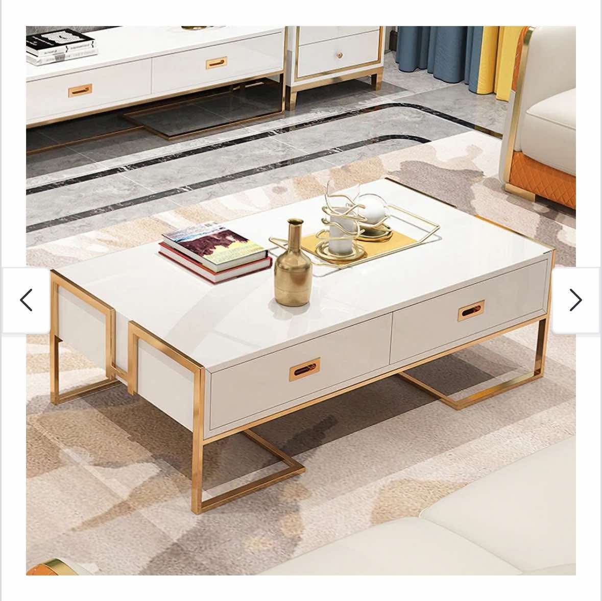 Modern Rectangular Coffee Table with Drawers and Metal Legs 4 Drawers, Gold and White