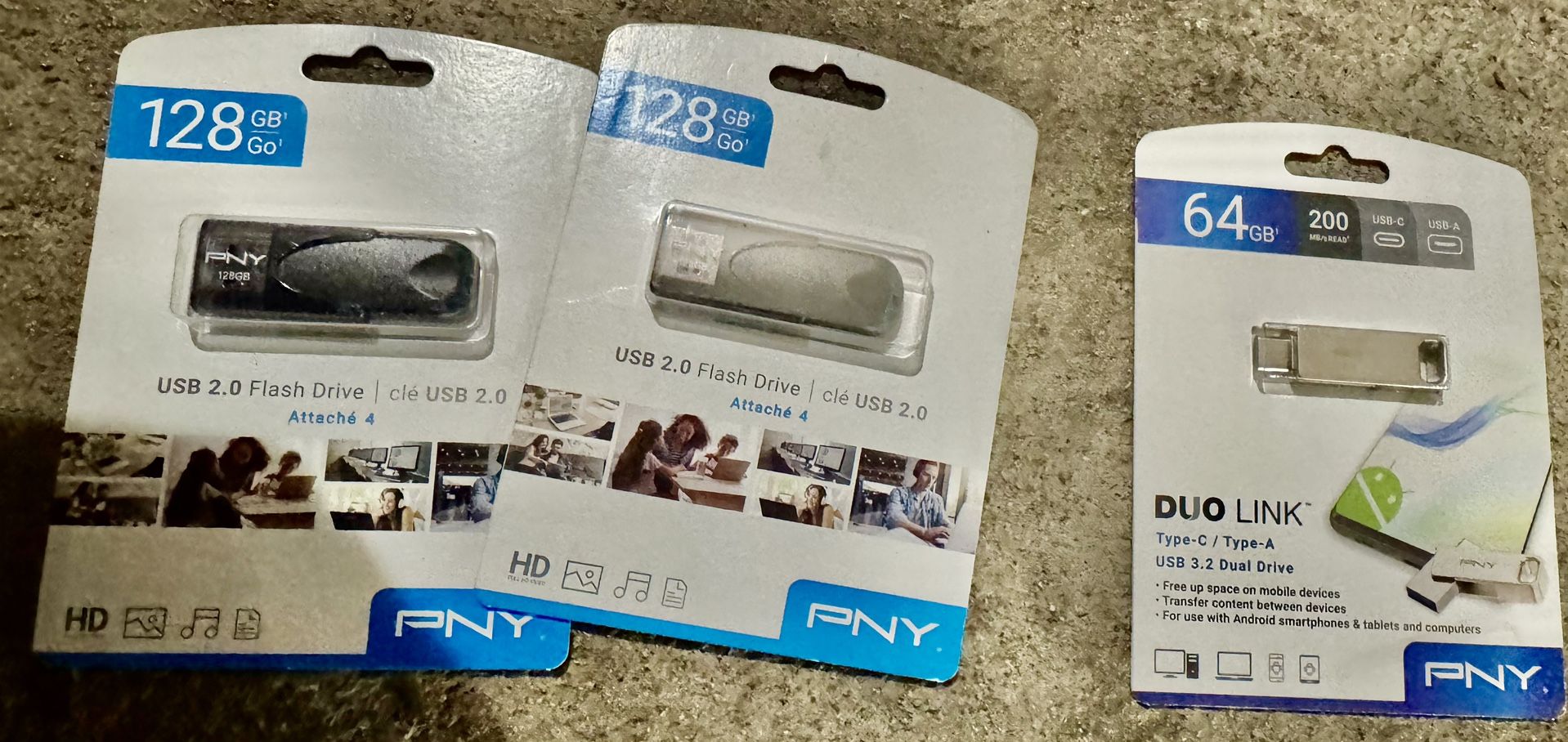 2 PNY ~ 128GB USB 2.0 Flash Drives + 1 PNY ~ 64GB DUO LINK Type-C / Type-A USB 3.2 Dual Drive TAKE ALL 3 BRAND NEW DRIVES FOR ONLY $60!