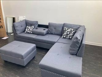 💥 New Grey/Dark Gray L-Shape Sectional Sofa Couch | Chaise | Cup Holders Opt Storage Ottoman | Pay After Delivery
