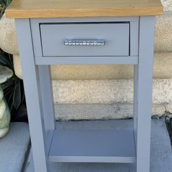 Gray Side Table with Wood Top & Crystal Handle
