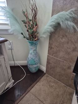 Tall Teal Marble Floor Vase with Florals