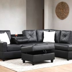 Rocket PU Sectional Black With Ottoman 🚛😱🚗😌