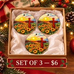 Stained Glass Cross Sunflower Christmas Ornaments Set of 3