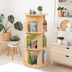 OOOK Kids Rotating Bookshelf, Small Corner Bookshelf for Small Space, 360° Display 3 Tier Floor Standing Bookcase Storage Rack, Wooden Narro