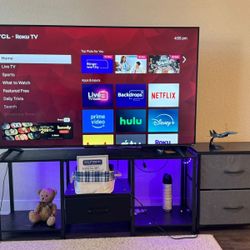 Sofa, carpet, screen, TV table, and cooking utensils.