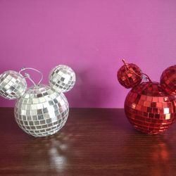 Mickey Mouse Disco Ball Ornament Red And Silver