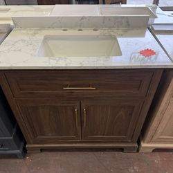 Doveton 36 in. Single Sink Dark Walnut Bath Vanity with White Engineered Marble Top