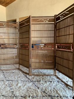 STUNNING ANTIQUE JAPANESE CYPRESS AND BAMBOO FOLDING SCREEN