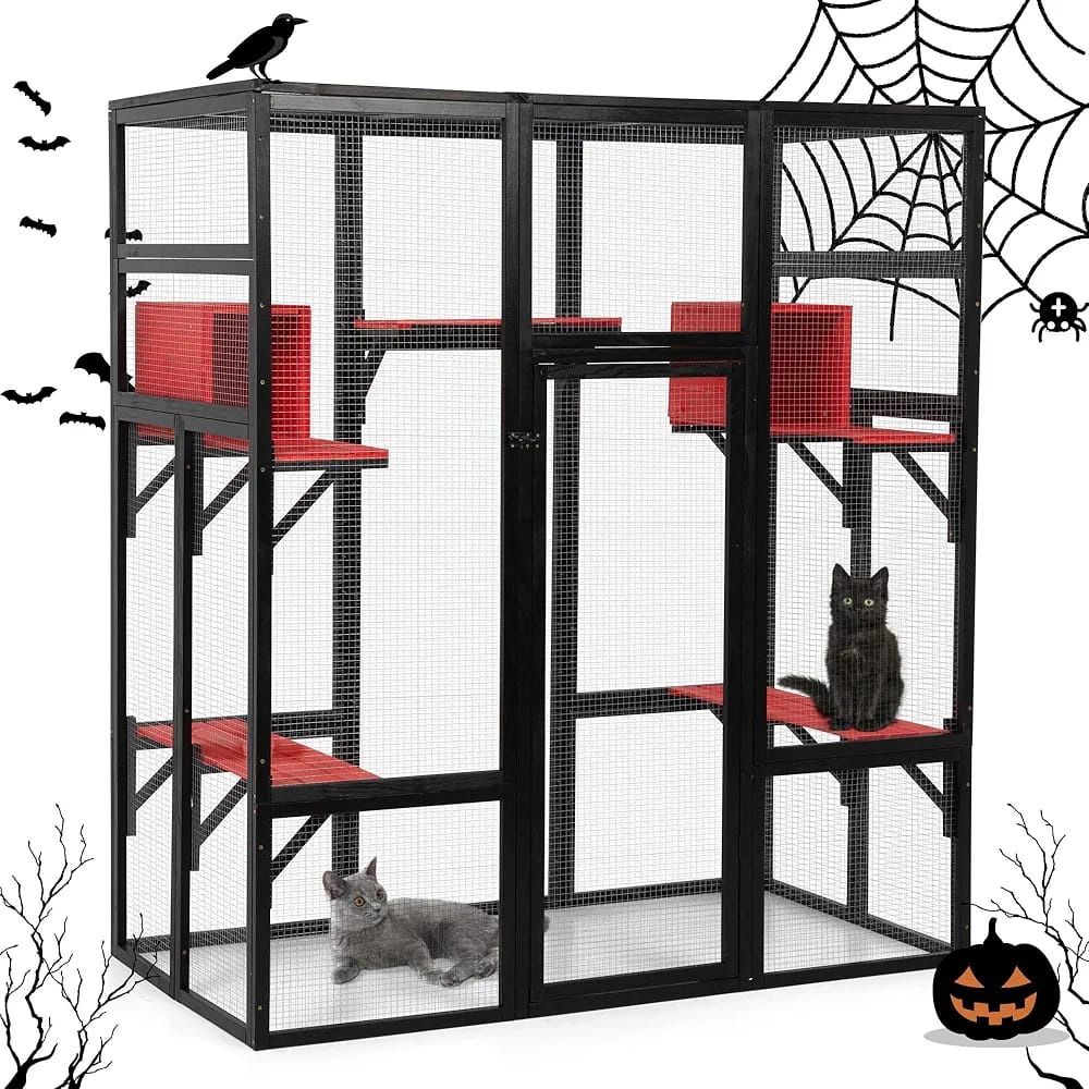 71Inches Large Wood Catio Outdoor Cat Enclosure with Perches and Condos, Cat House Indoor with Waterproof Roof, Cat Shelter