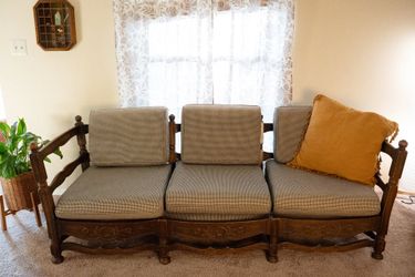 1950's Vintage Oak Wood Sofa with Floral Shell Carvings