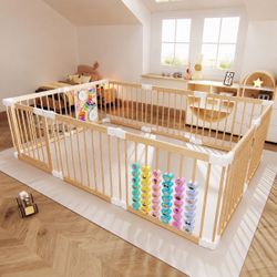 Wooden Baby Playpen Foldable Play Yard W/ Built-in Toys 85"x57" Natural Wood