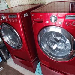 High End LG Washer and Dryer Steam Dryer Series Side Loader Combo in Cherry Red, Located in Abilene KS