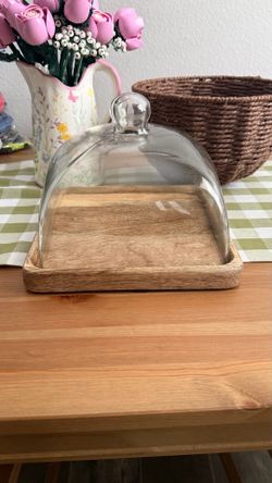 Farmhouse Style Small Wooden Serving Tray with Glass Dome
