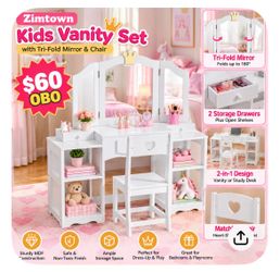 Zimtown Kids Vanity Set with Folding Mirror & Chair – White – New