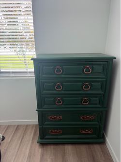 Vintage Emerald Green Tall Dresser / Chest – Brass Hardware