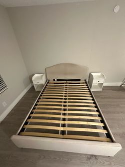 Queen Upholstered Bed Frame with Curved Headboard and White Nighstands