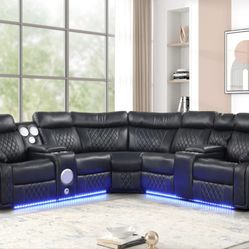 🎄Brand New Black Leather Recliner Sofa W/ BT Speakers, LED Lights, Cup Holders & Storage Console | Pay After Delivery 🚚