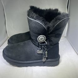 PreOwned UGG Azalea Boots Tassels Charms Suede Black Cuff Sheepskin Women's 5